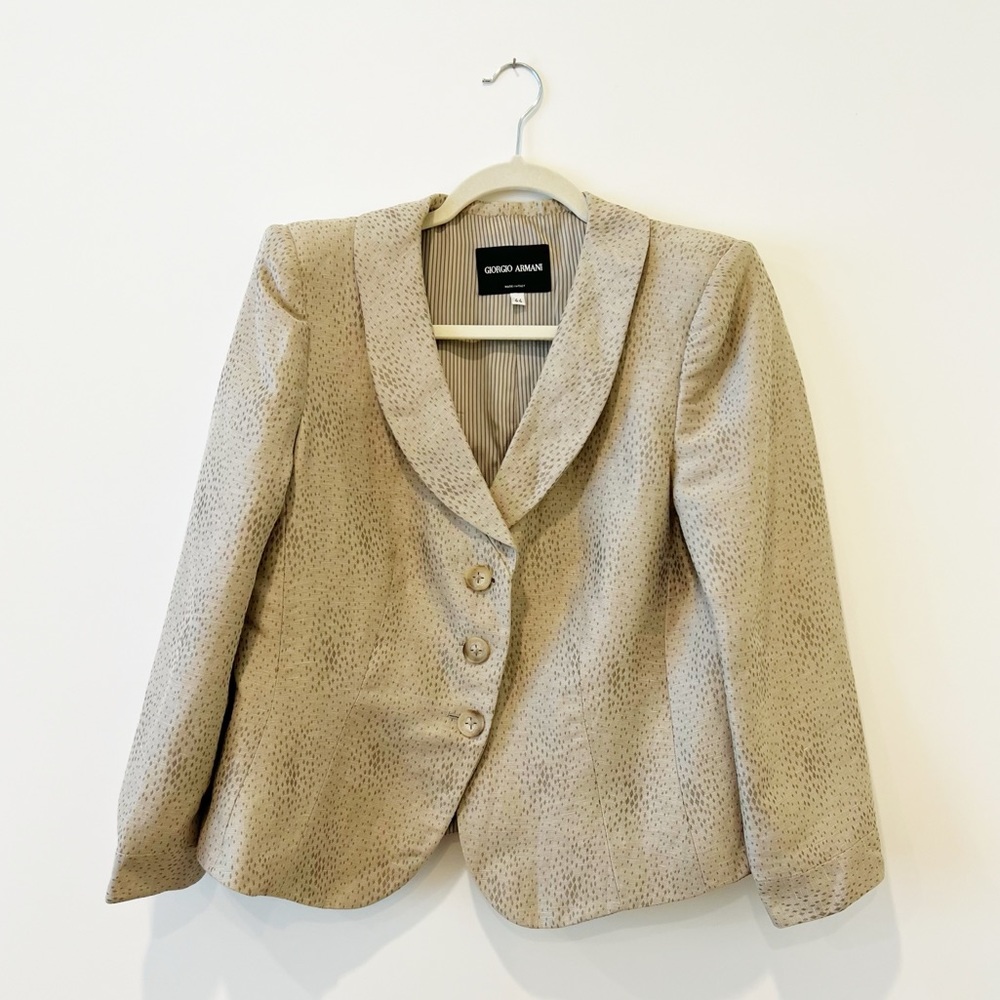 Giorgio Armani Silk Linen Blazer Womens Tan Shawl Neckline Single Breast Size 44 - Picture 1 of 5